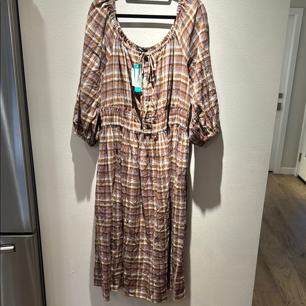 NWT Madewell Plaid Peasant Dress with Tie Neck 1X